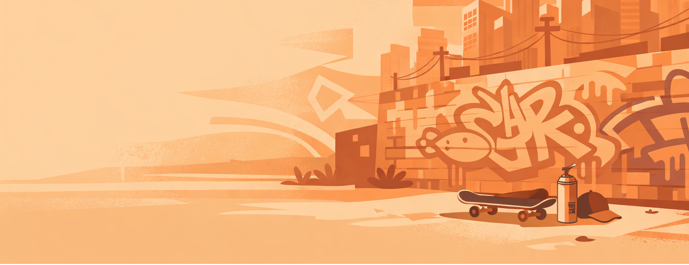 Illustration of a cityscape with graffiti and a skateboard, set against an orange sky.